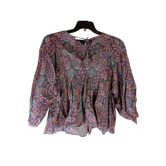 Banana Republic Women's  sz XS  3/4 Puff Sleeve Paisley Boho Blouse Tie Neck Top - Picture 1 of 9
